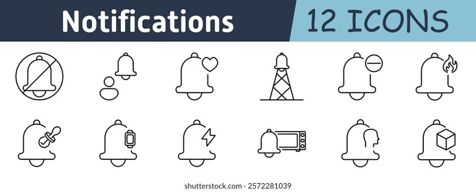 Notifications set icon. Muted alerts, active bell, heart, fire, microwave reminders, person notifications, smartwatch, emergency signals, packaging updates, and app settings