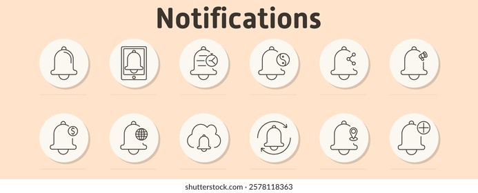 Notifications set icon. Simple bell, tablet notification, time reminder, Yin-Yang alert, network alert, microphone, bell with dollar, global, cloud alert, cycle, location alert