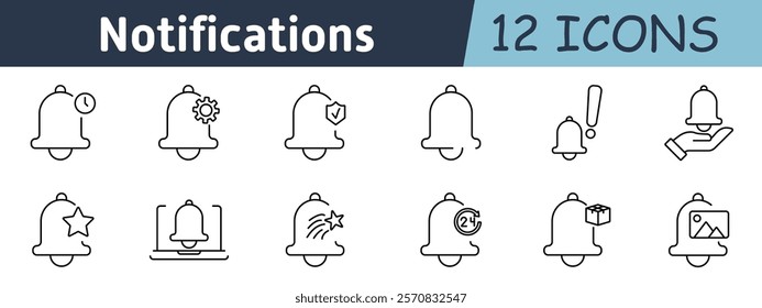 Notifications set icon. Timed alert, settings, verified alert, mini bell, exclamation, hand offer, favorite, app notification, star shooting, 24 7 service, package alert, media updates