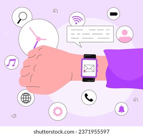 Concepto de línea de reloj inteligente de notificaciones. Manos con gadget y dispositivo. Tecnologías e innovaciones modernas. Gimnasio y estilo de vida activo. Mensajes a la vista. Ilustración lineal vectorial