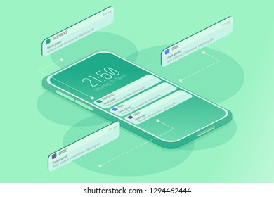Notifications smartphone isometrics for mobile device design. Sms messenger screen. Flat cartoon character graphic design. Message icon set. Page template.