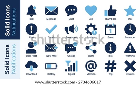 Notifications and social activity icons vector set in flat blue style, featuring bell, message, chat bubble, like heart, thumbs up, star, alert, check, broadcast, system gear, calendar, user alert, new mail, unread badge, share, info, warning, download, battery, signal, hashtag and dismiss icons, perfect for mobile apps, dashboards and social media interfaces.