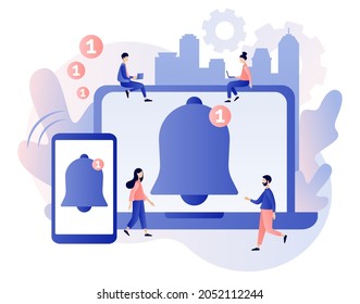 Notifications. Tiny people get chat messages notification on smartphone and laptop. Ring bell as reminder pop up. Modern flat cartoon style. Vector illustration on white background