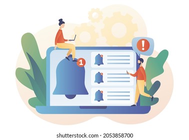 Notifications. Tiny people get chat messages notification on laptop. Ring bell as reminder pop up. Modern flat cartoon style. Vector illustration on white background