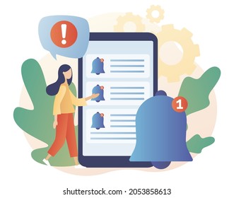 Notifications. Tiny Woman Get Chat Messages Notification In Smartphone App. Ring Bell As Reminder Pop Up. Modern Flat Cartoon Style. Vector Illustration On White Background