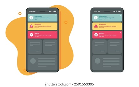 Notifications ui interface push window messages for mobile cell phone app vector graphic, ux reminder pop up notices element on smartphone cellphone, info warning caution error alerts screen layout
