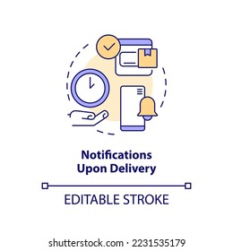 Notifications upon delivery concept icon. Shipping alerts. Parcel progress messages abstract idea thin line illustration. Isolated outline drawing. Editable stroke. Arial, Myriad Pro-Bold fonts used