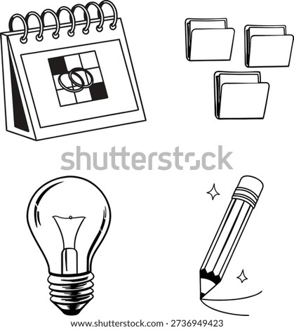 Notion icon of calendar, Folder, Pencil, Bulb flat outline vector