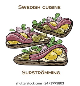 Surströmming is a notorious Swedish delicacy consisting of fermented Baltic Sea herring. Hand-drawn vector illustration