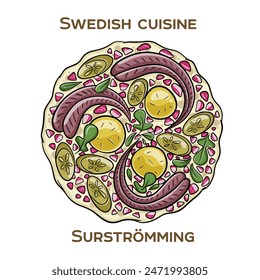 Surströmming is a notorious Swedish delicacy consisting of fermented Baltic Sea herring. Hand-drawn vector illustration