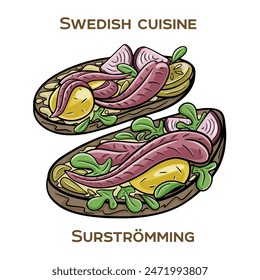 Surströmming is a notorious Swedish delicacy consisting of fermented Baltic Sea herring. Hand-drawn vector illustration