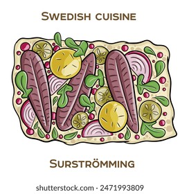 Surströmming is a notorious Swedish delicacy consisting of fermented Baltic Sea herring. Hand-drawn vector illustration