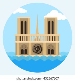 Notre Dame Cathedral flat vector illustration, Paris under the water, a great flood of Paris, France flood sign, Europe flood illustration in circle