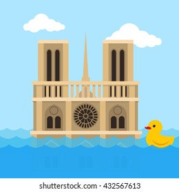Notre Dame Cathedral flat vector illustration, Paris under the water, a great flood of Paris, France flood sign, Europe flood, yellow rubber duck swim on the waves cartoon