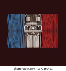 Notre Dame Cathedral with French flag. Line art, Vector illustration.