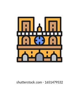 Notre Dame Cathedral, landmark of Paris, France flat color line icon.