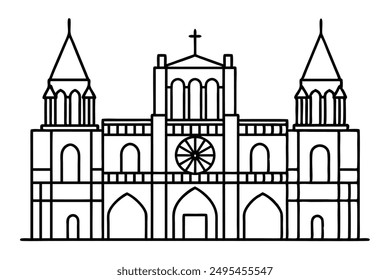 Notre Dame Cathedral line art illustration highlighting stunning cathedral features