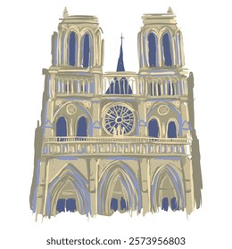 Notre Dame Cathedral, painting. Landmark of Paris, architectural monument. Ideal illustration for packaging design, bags and prints