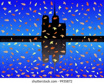 Notre Dame Cathedral Paris in autumn with falling leaves