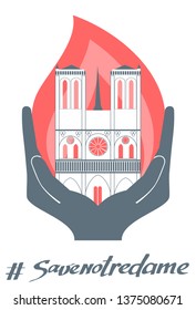 Notre Dame Cathedral Reconstruction and Design. Cathedral with a symbol of fire and hand. Logo and icon. Vector illustration