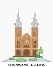 Notre Dame Cathedral of Saigon, nha tho Duc Ba, Duc Ba church illustration, flat design, Ho Chi Minh City, Viet Nam