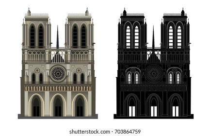 Notre Dame cathedral, and silhouette. Vector illustration, isolated on white.