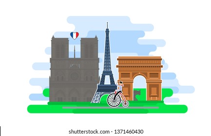 Notre Dame Cathedral with symbol of fire. French flag in shape of heart. Concept of travel to France or studying French. Flat design, vector illustration