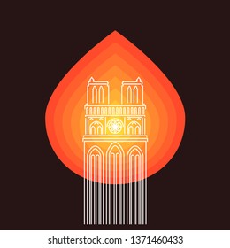 Notre Dame Cathedral with symbol of fire. Vector illustration.