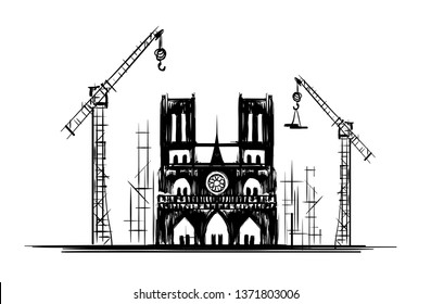 Notre Dame de Paris after fire. Vector sketch culture France. Cathedral "Our lady of Paris". Restoration, construction and reconstruction. Poster agitating donate money for renovation Notre Dame
