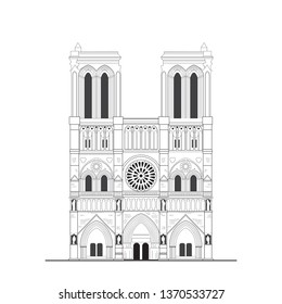  Notre Dame de Paris.  Cathedral.  Vector isolated illustration in black color on white background.