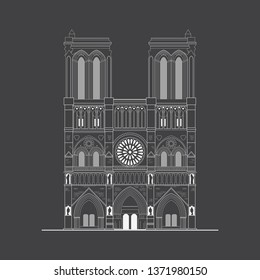 Notre Dame de Paris Cathedral, France. Black and white, contour, monohrome print. APRIL 15 2019. Vector illustration.