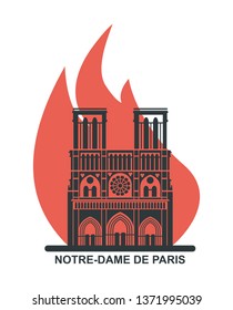 Notre Dame de Paris Cathedral on fire. Vector icon in flat style