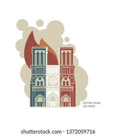 Notre Dame de Paris Cathedral in the colors of the French flag. Conflagration. Vector icon in flat style