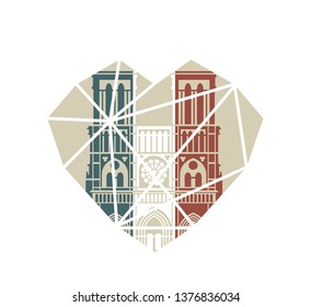 Notre Dame de Paris Cathedral in the colors of the French flag. Vector icon in flat style in the form of a broken heart