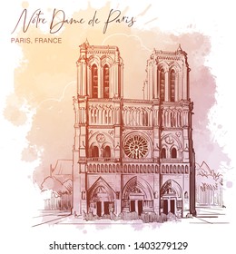 Notre Dame de Paris cathedral beautiful facade. Paris, France. Linear sketch on a watercolor textured background. Vintage design. Travel sketchbook drawing. EPS10 vector illustration