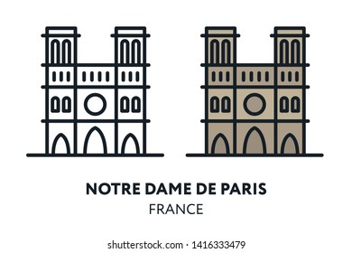 Notre Dame De Paris Cathedral. Paris France. Landmark Sight. Vector Flat Line Icon Illustration.