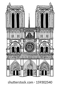 Notre Dame de Paris Cathedral, France. Hand drawing sketch vector illustration of french travel landmark. 