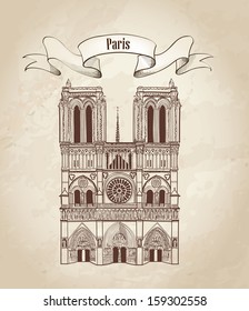 Notre Dame de Paris cathedral, France. Travel France background. City sign isolated on old paper texture.