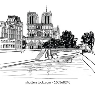 Notre Dame de Paris Cathedral, landscape with Seine river and garden.Paris. France 