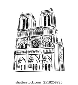 Notre Dame de Paris Cathedral. Line Art Style. Vector