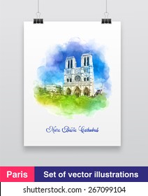 Notre Dame de Paris Cathedral, France. Watercolor hand drawing vector illustration of french travel landmark.