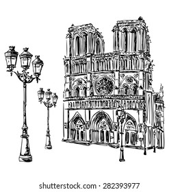Notre Dame de Paris Cathedral and lantern, France. Hand drawing sketch vector illustration of french travel landmark.