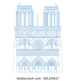 Notre Dame de Paris Cathedral, France. Vector linear outline isolated illustration. Blue contour drawing of Notre Dame.