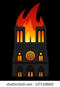 Notre Dame de Paris catherdral in flames of fire, isolated on the black background, vector illustration