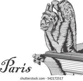 The Notre Dame de Paris detail. Gargoyle (Chimera) - Le Stryge. Paris, France. Vector illustration in style of engraving.