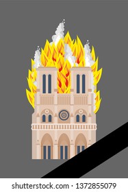 Notre Dame de Paris Fire. Burning roof of historic building in France. housetop flame