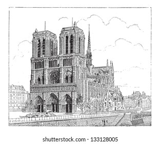 Notre Dame de Paris, in Paris, France, built in 1163, vintage engraved illustration. Dictionary of Words and Things - Larive and Fleury - 1895