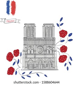 Notre dame de paris , france, paris , flowers , lettering isolated on white background . Concept for print, web design, cards, logo , label
