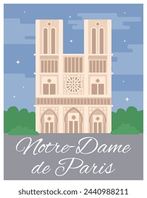 Notre Dame de Paris in France. Famous architectural tourist landmark in Paris. Night. Flat vector illustration. Poster and card design. Tourist place.