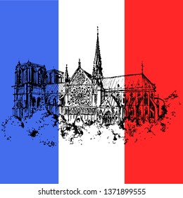 Notre Dame de Paris. Gothic Cathedral Hand drawn Vector illustration